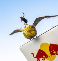 Competitor is seen performing during Red Bull Flugtag 2022 Tallinn,