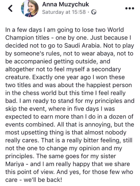 $!La campeona mundial de ajedrez renuncia a competir en Arabia Saudí por defender sus principios